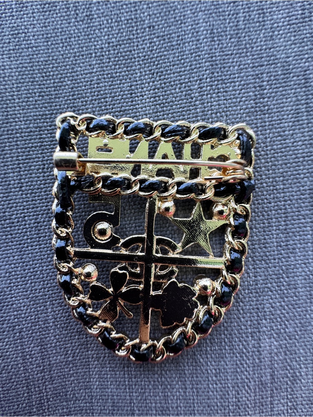 Luxury Gold-Tone Shield Brooch with Black Enamel & Clear Rhinestones - Picture 3 of 4